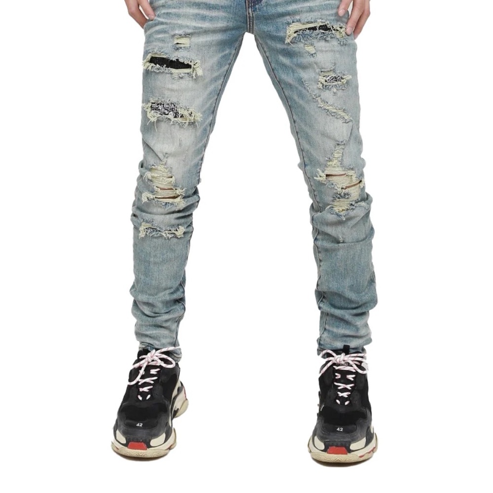 Nokwal Distressed Light Blue Paisley Rhinestone Men's Skinny Jeans